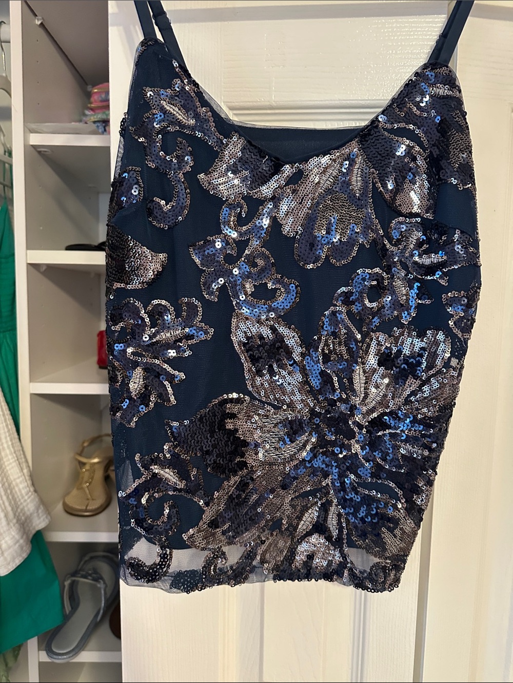 White House Black Market Navy and Silver Sequin Camisole